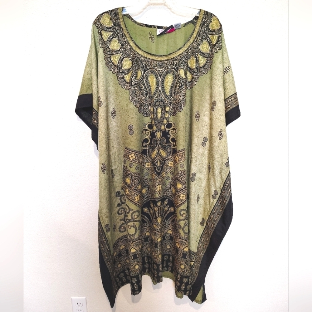 EY Signature Paisley Print Caftan-1 Sz Fits All- Green, Gold & Black